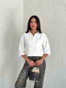 Crop Yakalı Gömlek Üç Çeyrek Sleeve Kol - Beyaz resmi